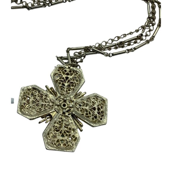 Vtg Stone Cross Pendant Necklace With Mixed Chain Design 10" Retro - Picture 2 of 5